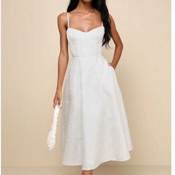 Lulus NWOT Meet For Tea White Woven Jacquard Corset Bustier Midi Dress Small - Picture 2 of 11